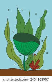 Ilustración de contorno Imagen de Vector de un alga marina.
Obra de arte dibujada a mano de un alga.
Simple lindo logotipo original.
Ilustración vectorial dibujada a mano para carteles.