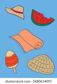 Outline illustration vector image of a summer elements.
Hand drawn artwork of a summer elements.
Simple cute original logo.
Hand drawn vector illustration for posters.