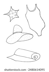 Umriss Illustration Vektorgrafik Bild eines Sommers Elemente.
Handgezeichnetes Kunstwerk eines sommerlichen Elemente.
Einfaches, niedliches Original-Logo.
Handgezeichnete Vektorillustration für Poster.