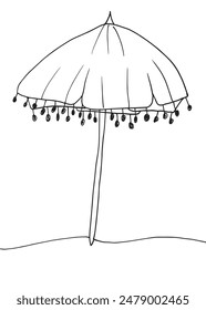 Outline illustration vector image of a sunshade.
Hand drawn artwork of a parasol.
Simple cute original logo.
Hand drawn vector illustration for posters.