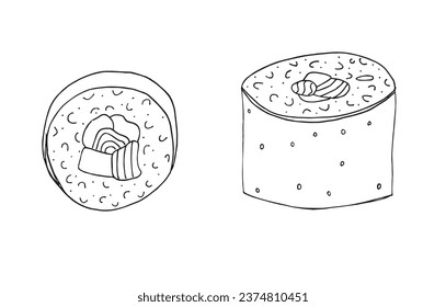Ilustración de esquema de imagen vectorial de un sushi.
Dibujo manual de un sushi. 
Simple y lindo logo original.
Ilustración vectorial dibujada a mano para afiches, tarjetas, camisetas.