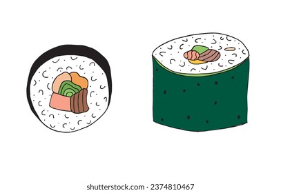 Outline illustration vector image of a sushi.
Hand drawn artwork of a sushi. 
Simple cute original logo.
Hand drawn vector illustration for posters, cards, t-shirts.