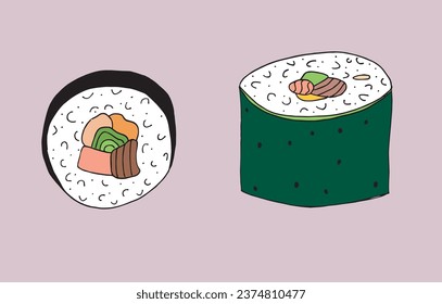 Outline illustration vector image of a sushi.
Hand drawn artwork of a sushi. 
Simple cute original logo.
Hand drawn vector illustration for posters, cards, t-shirts.