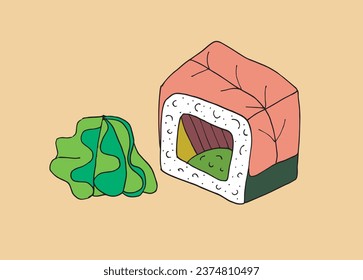 Outline illustration vector image of a sushi.
Hand drawn artwork of a sushi. 
Simple cute original logo.
Hand drawn vector illustration for posters, cards, t-shirts.