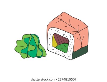 Outline illustration vector image of a sushi.
Hand drawn artwork of a sushi. 
Simple cute original logo.
Hand drawn vector illustration for posters, cards, t-shirts.