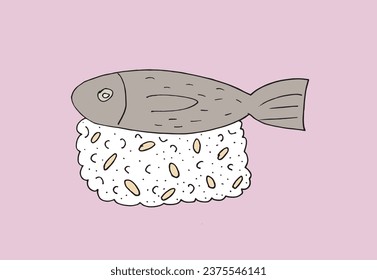 Umfassende Vektorgrafik eines Sushi.
Handgezeichnete Kunstwerke eines Sushi. 
Einfaches, niedliches Originallogo.
Handgezeichnete Vektorgrafik für Poster, Karten, T-Shirts.