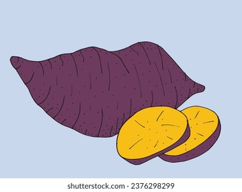 Ilustración de esquema de imagen vectorial de una batata dulce.
Obra artística hecha a mano de una batata. 
Simple y lindo logo original.
Ilustración vectorial dibujada a mano para afiches, tarjetas, camisetas.
