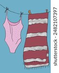 Outline illustration vector image of a swimsuit.
Hand drawn artwork of a swimsuit.
Simple cute original logo.
Hand drawn vector illustration for posters.