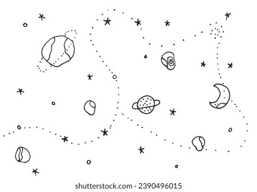 Ilustración de esquema de imagen vectorial de un univers.
Obra artística de mano de un espacio y una galaxia. 
Simple y lindo logo original.
Ilustración vectorial dibujada a mano para afiches, tarjetas, camisetas.