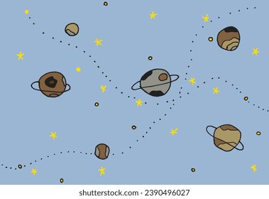 Outline illustration vector image of a univers.
Hand drawn artwork of a space and galaxy. 
Simple cute original logo.
Hand drawn vector illustration for posters, cards, t-shirts.