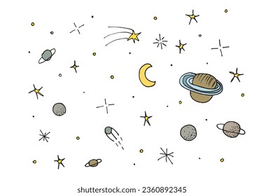 Outline illustration vector image of a universe.
Hand drawn artwork of a space with planets. 
Simple cute original logo.
Hand drawn vector illustration for posters, cards, t-shirts.