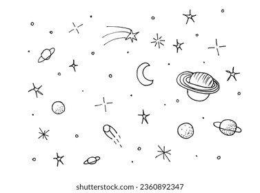 Outline illustration vector image of a universe.
Hand drawn artwork of a space with planets. 
Simple cute original logo.
Hand drawn vector illustration for posters, cards, t-shirts.
