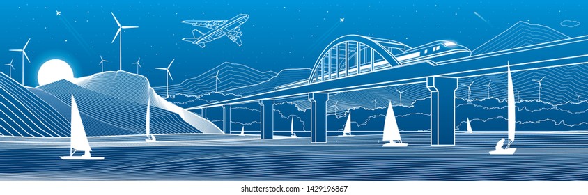 Outline illustration. View from river to night city. Windmills in mountains. Yachts on water. Train travels along railway bridge. White lines on blue background. Vector design town panorama