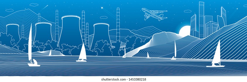 Outline illustration. View from sea to night city in mountains. Power Plant on the river bank. Yachts on water. White lines on blue background. Vector design town panorama