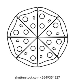 Outline illustration of a whole pizza cut into eight slices with pepperoni toppings, isolated on white background.