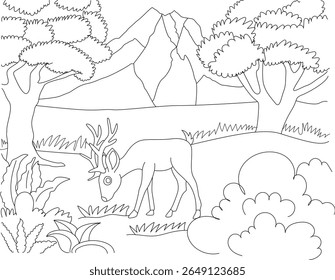 Ilustração do esboço de um veado selvagem com Antlers pastando em uma paisagem serena da floresta de montanha. Perfeito para livros de colorir crianças, atividades educacionais e projetos temáticos da natureza.