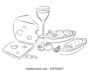 Outline illustration of wine table with bruschette and cheese