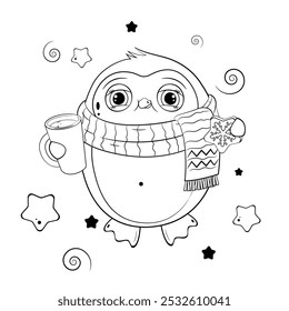 Outline illustration with winter penguin. Christmas coloring page