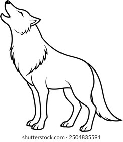 An outline illustration of a wolf, howling with its head tilted upward, drawn in a simple and bold style on a white background.