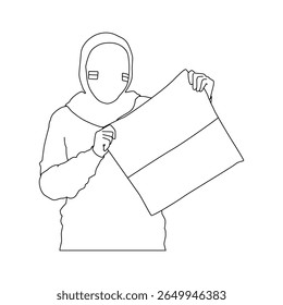 Illustration vectorielle d'une femme en hijab tenant un drapeau à deux tons, ligne minimaliste d'une figure féminine modeste affichant une Bannière Horizontale