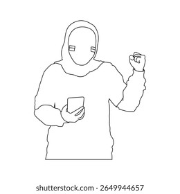 Outline Illustration of Woman in Hijab Using Phone with Raised Fist, Minimalist Line Art of Modest Female Figure Celebrating with Smartphone