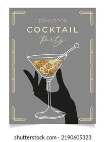 Outline illustration of woman's hand holding cocktail glass, vector. Invitation for party template. Line art martini glass. Art deco concept design. Event, party, presentation, promotion, menu.