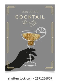 Outline illustration of woman's hand holding cocktail glass, vector. Invitation for party template. Line art margarita cocktail. Art deco concept design. Event, party, presentation, promotion, menu.