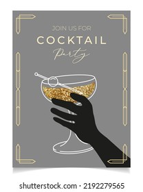 Outline illustration of woman's hand holding cocktail glass, vector. Invitation for party template. Line art margarita cocktail. Art deco concept design. Event, party, presentation, promotion, menu.