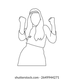 Outline Illustration of Young Woman Cheering with Fists Raised, Minimalist Line Art of Enthusiastic Female Figure Celebrating