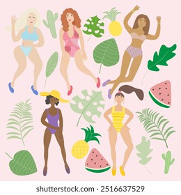 outline illustration.girls in swimsuits against the background of palm trees and exotic fruits.beach set.Summer illustration.girls in stylish fashionable swimwear 