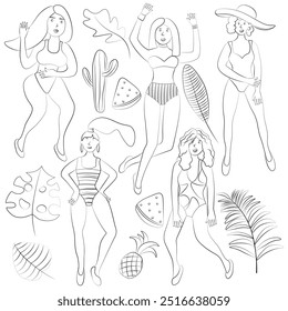 outline illustration.girls in swimsuits against the background of palm trees and exotic fruits.beach set.Summer illustration