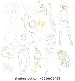 outline illustration.girls in swimsuits against the background of palm trees and exotic fruits.beach set.Summer illustration