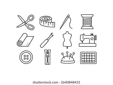 Outline illustrations of common sewing and tailoring accessories, including scissors, measuring tape, needle, and sewing machine used for crafting.