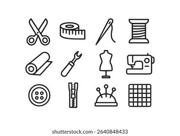 Outline illustrations of sewing essentials include a needle scissors measuring tape and sewing machine icons.