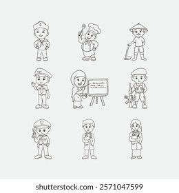 Outline illustrations showcasing nine different professional characters, including a teacher, chef, doctor, and farmer, drawn in a whimsical cartoon style, ideal for educational or decorative purposes