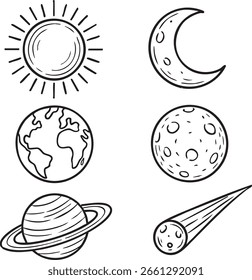 Outline illustrations of the sun, moon, earth, planets, and orbit lines.