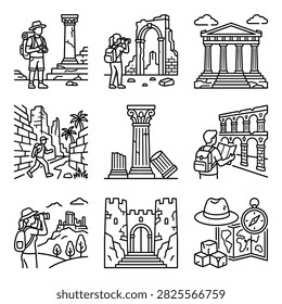 Outline illustrations of tourists exploring ancient archaeological ruins.