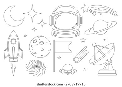 Outline illustrations of various cosmic elements, including planets, stars, rockets, and an astronaut helmet Perfect for coloring books or educational materials