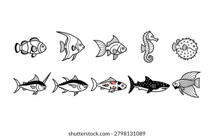 Outline illustrations of various fish species, including tropical fish, seahorse, tuna, and shark, in black and white.