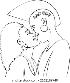 Outline image of an African American couple kissing. Kiss, vector illustration isolated on white background. Couple of young creative people with original hairstyles