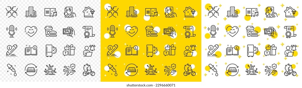 Outline Image album, Music book and Squad line icons pack for web with Street light, Bike timer, Microphone line icon. Refrigerator timer, Fast food, Chemistry pipette pictogram icon. Vector