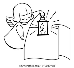 Outline image of angel flying with lantern