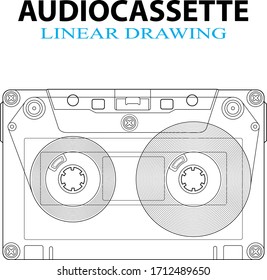 outline image of an audio cassette in black and white. linear drawing of the cassette front view, isolated drawing