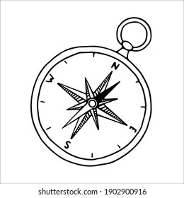 Outline image of a compass. Hand drawn doodle illustration, black image on white background. Linear art. Vector illustration.