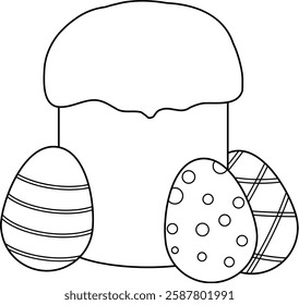 Outline image of Easter bread and decorated easter eggs. Vector illustration with transparent background.