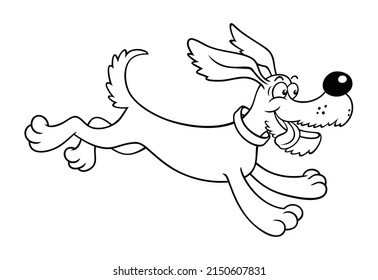 Outline Image Of A Happy Cartoon Dog. Joyful Funny Puppy Rushes. Cute Happy Dog Running Fast With Tongue Out. Small Funny Puppy Jumping. Vector Illustration Isolated On White Background.