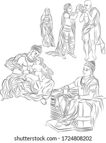 Outline image of king in different poses. Indian king in traditional constume. 