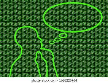 An outline image of a man who is thinking. The background is binary code numbers isolated on black background. Concept about technology, futuristic, idea, brain storm, computer, creative and etc.