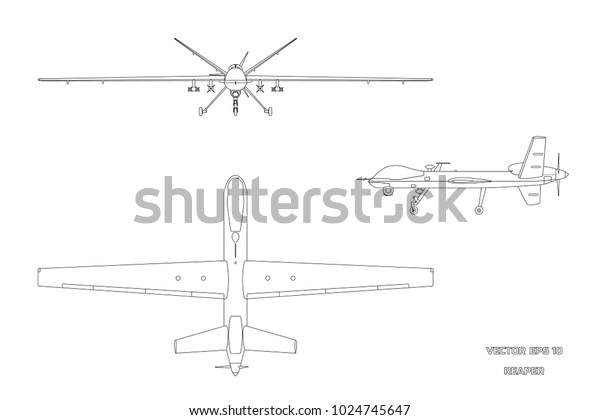 Outline image of military drone. Top, front\
and side view. Army aircraft for intelligence and attack. \
Industrial isolated drawing. Vector\
illustration