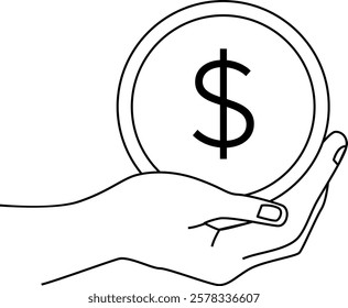 Outline image of outstretched hand holding coin with dollar sign. Vector illustration with transparent background.